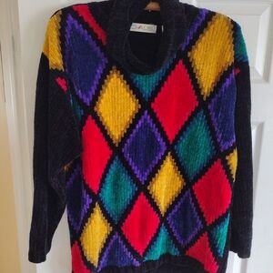 Chaus Vintage Black / Multicor Rhombus Design Turtle Neck Sweater